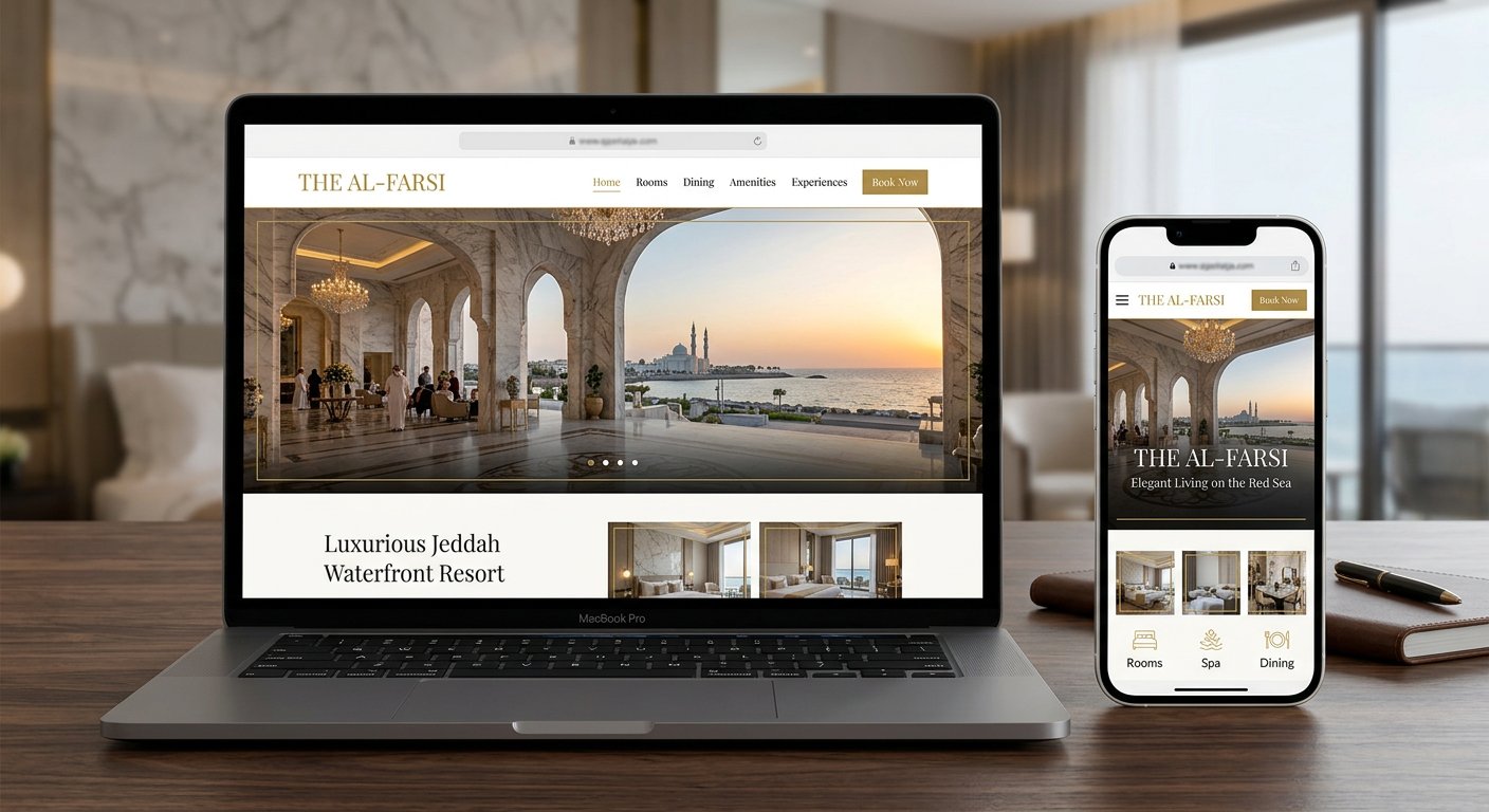 Hospitality website mockup on laptop and phone